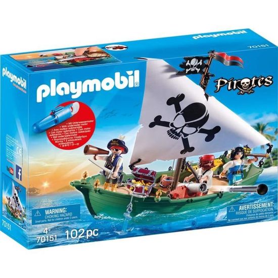 PLAYMOBIL - Les Pirates - Chaloupe des pirates avec moteur submersible - 202 pièces - 701.9 g
