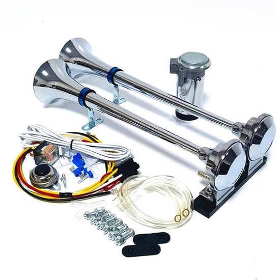 Klaxon à Air 24V Double Tube Argenté - 170 DB - Pour Camion, Bateau, Voiture - Pompe à Air Rouge Incluse