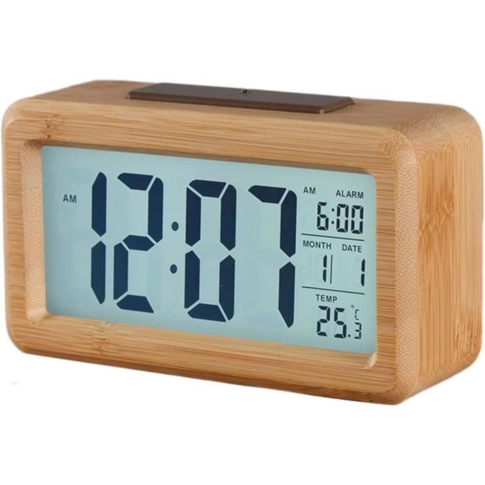 Reveil Numerique en Bois Horloge Numérique Piles Reveil Matin, LCD