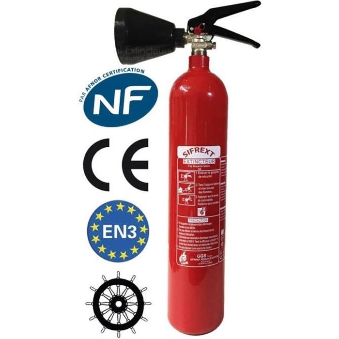 Extincteur CO2 capacité 2Kg NF & MED + support de fixation + Panneau signalétique Ref: CS2-AF