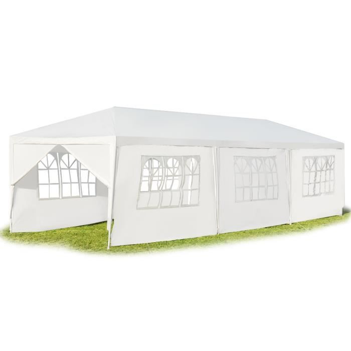 DREAMADE Tente de Réception 3x9 M Pliable en Tube Fer, Tonnelles en 8 Tissu PE, Pavillon de Jardin avec 3 Fenêtres pour Fête, Blanc