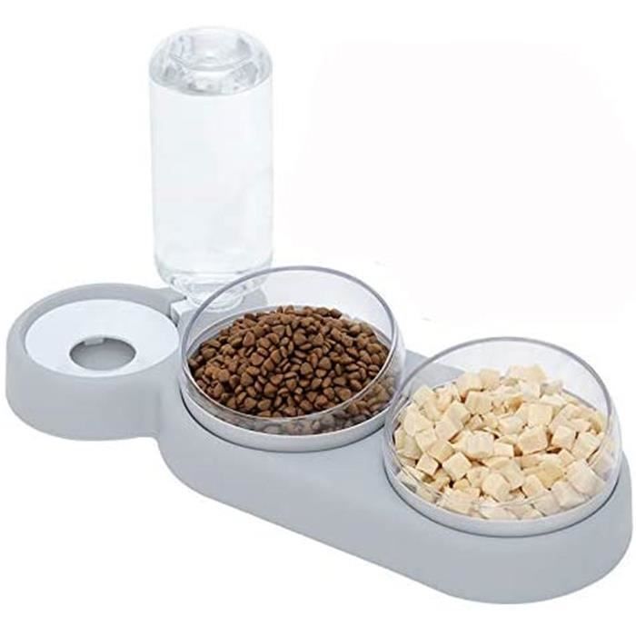 3 en1 Gamelles pour Chat Set,Gamelle Double Chat Surélevée Cou de Protection,Gamelle Animaux avec Stockage d'eau Automatique(Gris)
