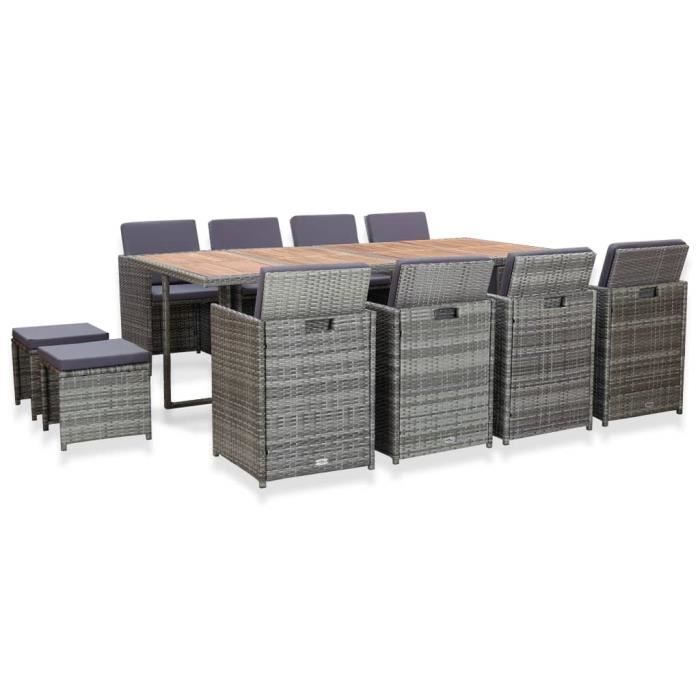 FIHERO Salon de jardin 13 pcs Résine tressée bois d'acacia Anthracite