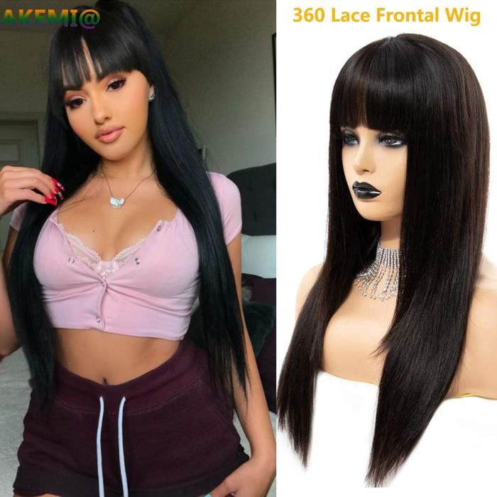 360 Lace Frontal Perruques avec une frange LISSE 8A cheveux vierges brésiliens 10pouces Natural Black