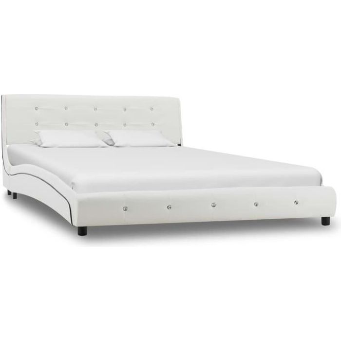 Cadre De Lit Similicuir :Double 140*200 Cm - Lit Design Capitonné - Sommier Inclus&Pieds En Acier - Blanc