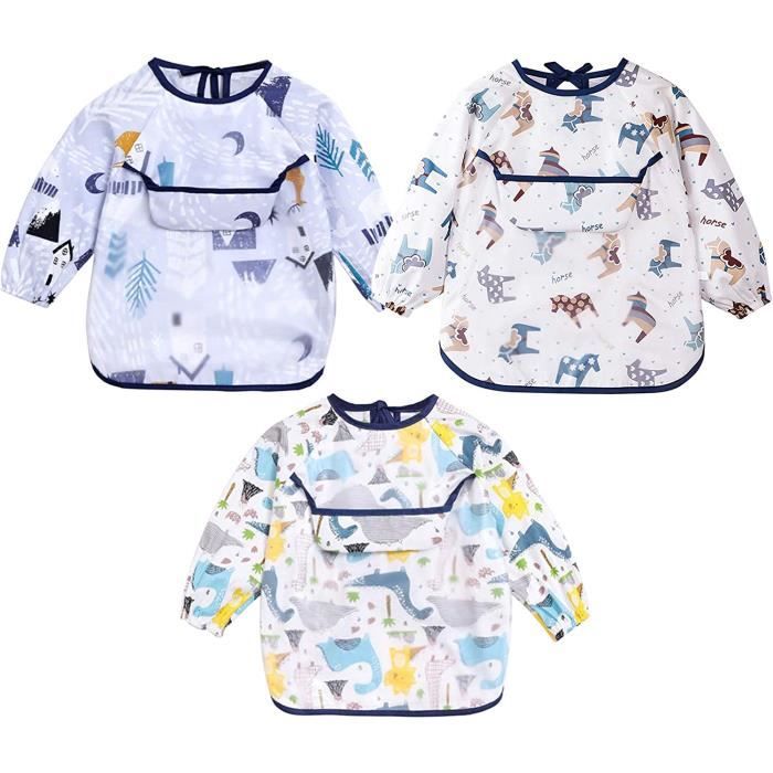 Bavoir Imperméable à Manches,Bébé Bavoirs Coton Imperméable ,Tablier Bebe pour Alimentation,pour Les Enfants de 1 à 2 Ans,3pcs