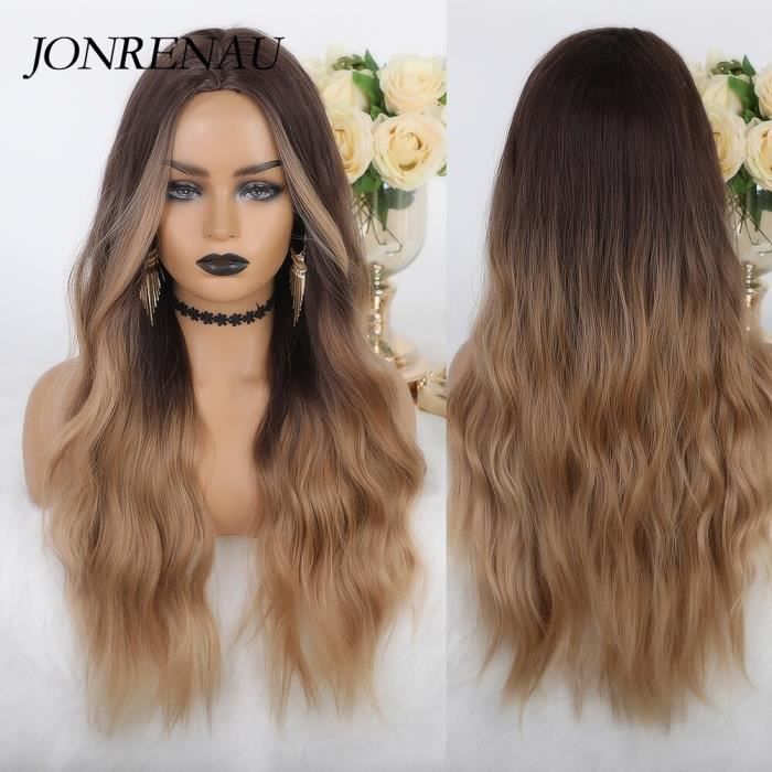 Lc334 -JONRENAU perruque naturelle ondulée noire brune à Middle Part avec reflets, perruque synthétique naturelle style fête Cospla