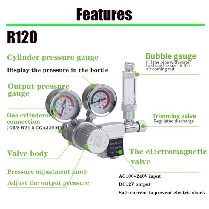 Aquarium,ZRDR Aquarium CO2 régulateur magnétique solénoïde clapet anti retour Aquarium bulle - Type R120-110-240V-CGA320 EU piug