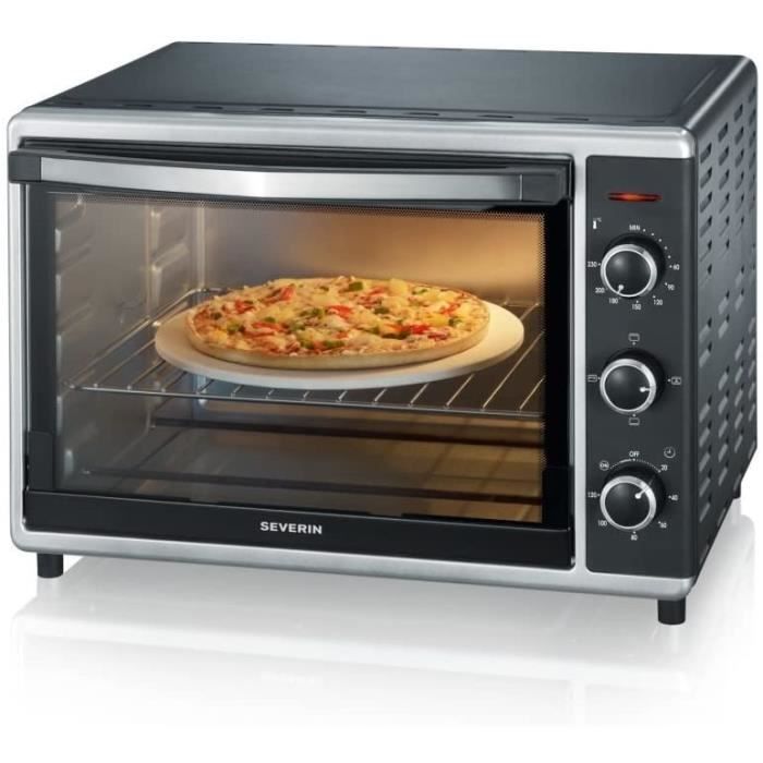 Mini-Four à Chaleur Tournante 42 L, Inclus : Tournebroche et Pierre à Pizza (Ø 29cm), Minuteur 120 min, 1 800 W, Noir/Inox, TO 2058