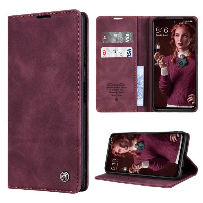 CaseMe Etui Coque pour iPhone 13 Pro Max [Emplacement Carte] [Fonction de Support] Flip Case ( Vin Rouge )