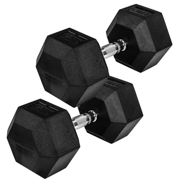 Movit® haltère hexagonal, Dumbbells en fonte avec revêtement caoutchouc, 2x27,5 kg, barre chromée, moletée et antidérapante