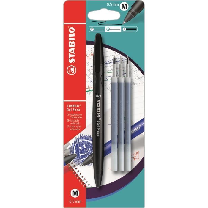 STABILO Stylo roller effaçable Gel EXXX et 3 recharges - Noir