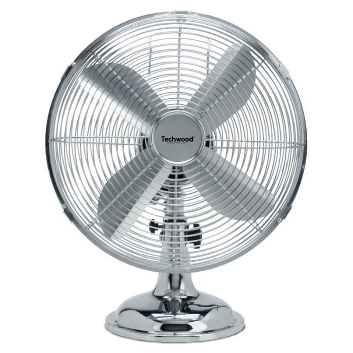 TECHWOOD Ventilateur de Table Chrome´ 30 cm - 3 Vitesses de ventilation - Fonction oscillation de´brayable - 4 Pa^les en aluminium