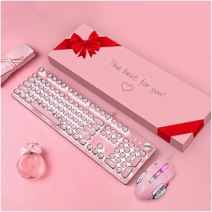 Clavier mécanique à touches rondes roses style machine à écrire rétro punk 30 motifs lumineux