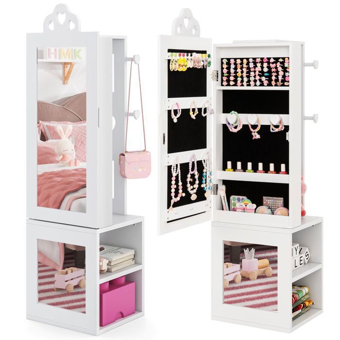 COSTWAY Armoire à Bijoux 3 en 1 pour Enfants avec Miroir Pleine Longueur Portant à Vêtements Rangement pour Bijoux Blanc COSTWAY Armoire à Bijoux 3 en 1 pour Enfants avec Miroir Pleine Longueur Portant à Vêtements Rangement pour Bijoux Blanc