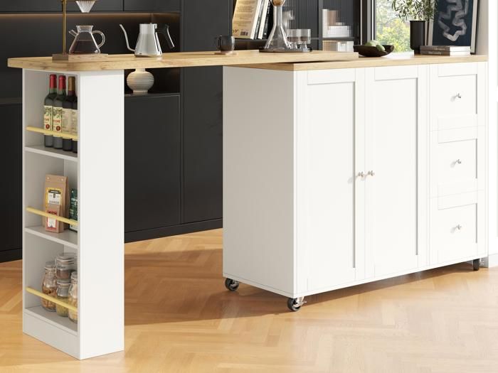 Meuble bar rotatif - MDF - 3 tiroirs et 2 portes - Mange-Debout - Blanc