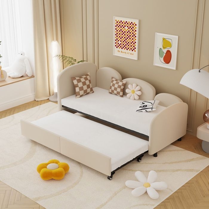 Lit gigogne 90x200cm Lit enfant Lit de repos Lit rembourré en velours avec sommier à lattes pour salon chambre denfant - beige