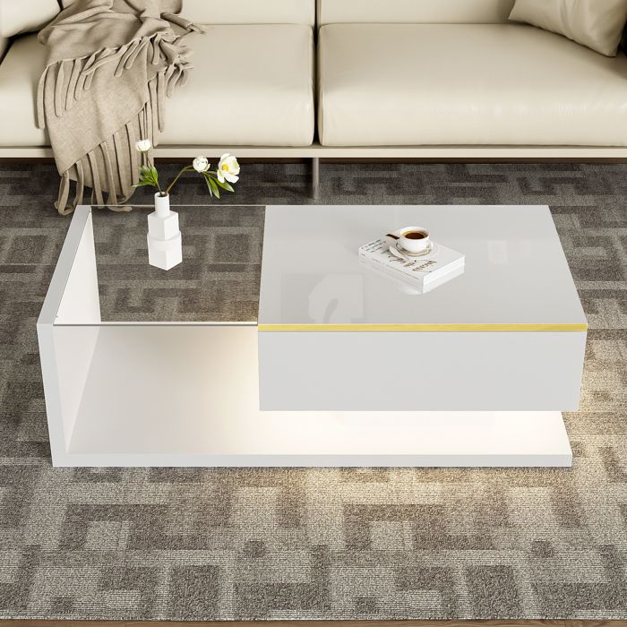 Table basse moderne - Finition brillante -Verre - Éclairage LED - Rangement - Blanc Table basse moderne - Finition brillante -Verre - Éclairage LED - Rangement - Blanc