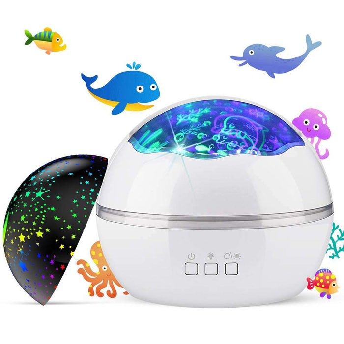 Lampe projecteur détoiles - Veilleuse pour enfants sur le thème des étoiles et de locéan - Lumière rotative multicolore