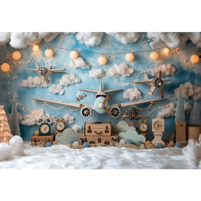 Toile De Fond Anniversaire Espace 2.2x1.5m - Univers Bleu Nuages - Photo Baby Shower