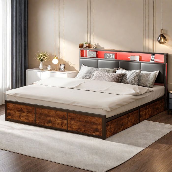 Lit 2 Personnes 180x200 cmLit Double MétalliqueLit avec 4 Tiroirs et Sommier  Style Industriel Éclairage LEDen PU Noir