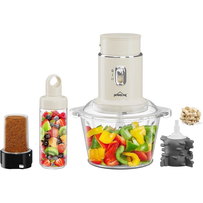 HOMELUX Robot de cuisine 4 en 1 - Avec hachoir mixeur moulin à ail bol en verre de 2 l et gobelet à jus de fruits de 600 ml - Hom