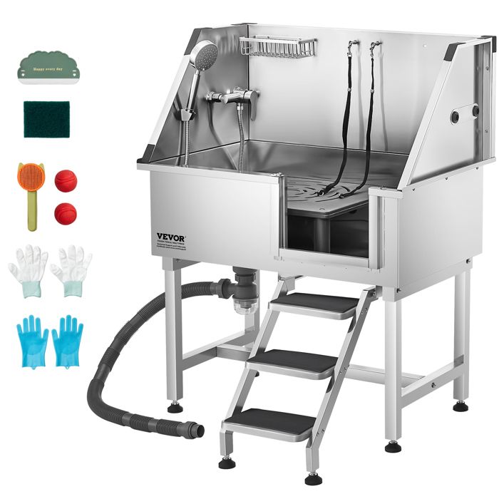 Baignoire de Chien Acier Inoxydable-VEVOR-Baignoire de Toilettage pour Animaux de Compagnie 96 cm-Porte Droite