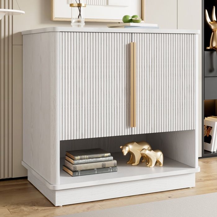 Meuble à Chaussures - 2 Portes & Compartiment Ouvert – Style Effet Bois & Poignées Dorées – 60x40x61 cm – Blanc
