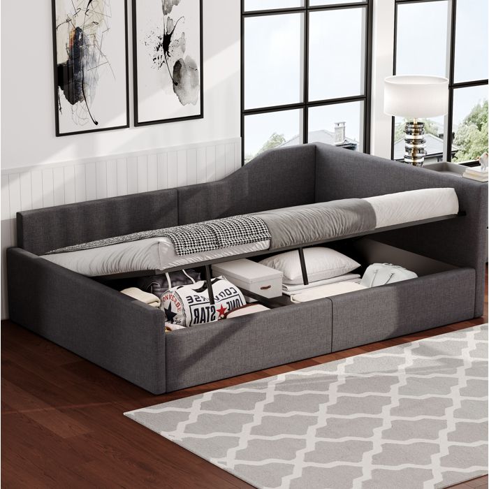 Lit coffre adulte 140x200 cm. lit banquette. hydraulique. sommier à lattes tapissé. sans matelas. lin. gris