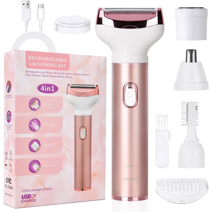 Rasoir Électrique Femme 4 En 1 Rasoir Indolore Rechargeable Tondeuse Indolore Rasoir Femme Sans Fil Épilateur Électrique