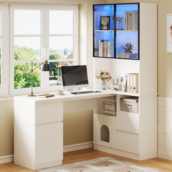 Bureau dangle avec bibliothèque et vitrine LED 120×80×180cm 3 tiroirs 2 portes darmoire et étagères ouvertes MDF blanc