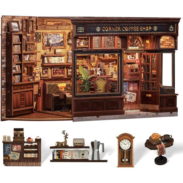 Kit Book Nook Cutefun Corner Coffee Shop - Maison de poupée LED DIY