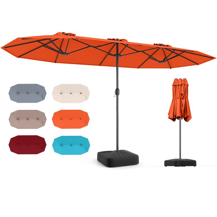 COSTWAY Parasol Double de Jardin Rectangulaire 396 x 201 x 240cm - Base Lestée 12 Baleines Métalliques pour Terrasse Orange