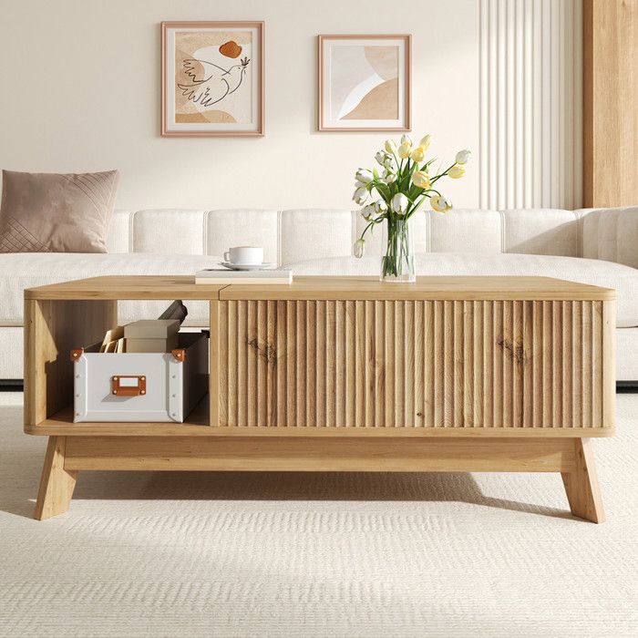 Table basse relevable avec réglage en hauteur Table basse rectangulaire de salon 95x48x50 cm Rangement ouverts Style moderne