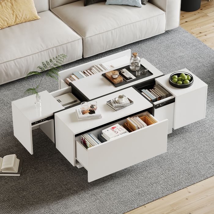 Table basse moderne - Dimensions 100x60x40 cm - Blanc et noir - Surface brillante - 4 tiroirs extensibles