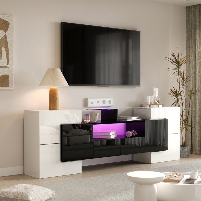 Meuble TV bas 200x35x60cm - blanc/noir laqué - LED verre - design moderne - salon - rangement élégant