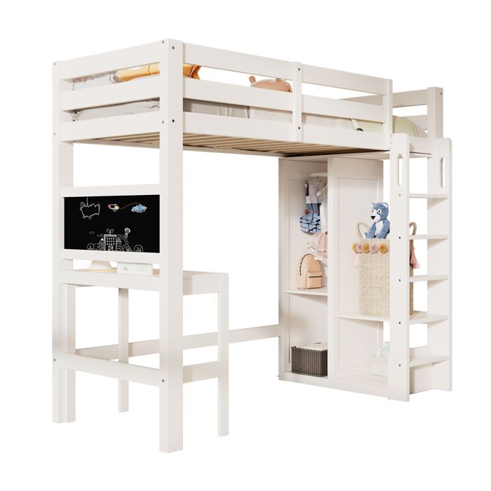 Lit surélevé enfant 90x200 blanc bureau intégré penderie ouverte étagères lattes garde-corps sans matelas