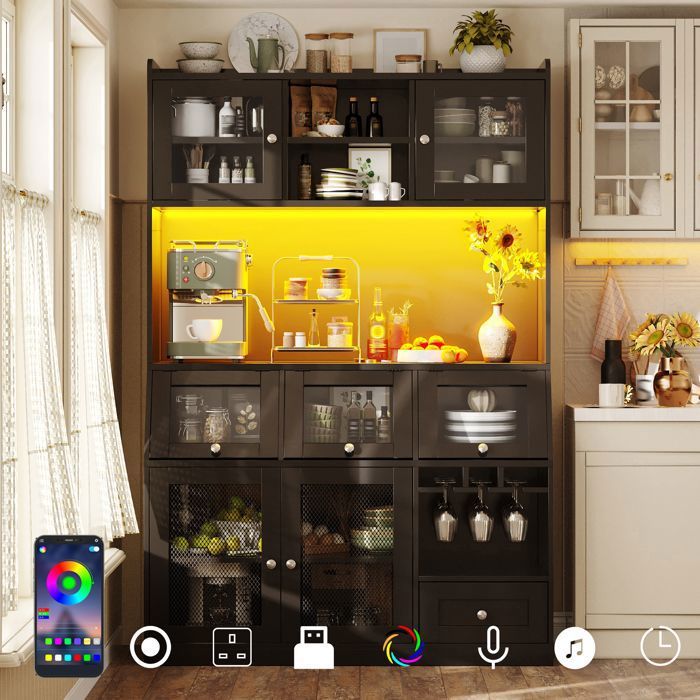 Buffet haut de cuisine 120x40x181 7 cm avec LED multicolore port USB porte vitrée tiroir et étagères réglables - Noir