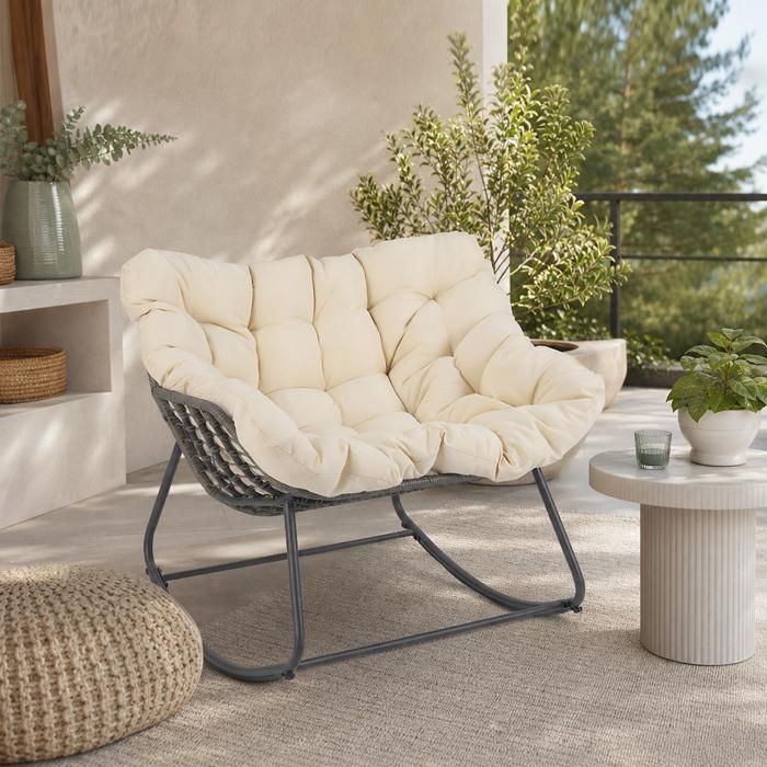 Fauteuil berçant - PAGE LIVING - Fauteuil œuf à bascule - Coussin épais amovible - Rotin PE tressé - Cadre métal 150 kg