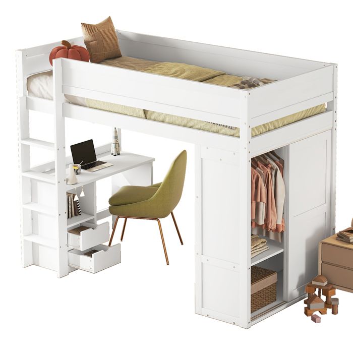 Lit surélevé 90x200 cm pour enfant équipé dun dressing bureau intégré et tiroirs blanc