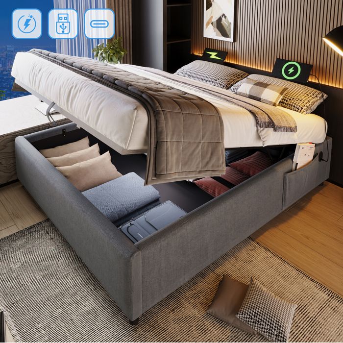 HOMVRA Lit coffre 160x200 cm sans tête de lit avec USB Type-C rangement hydraulique tissu gris
