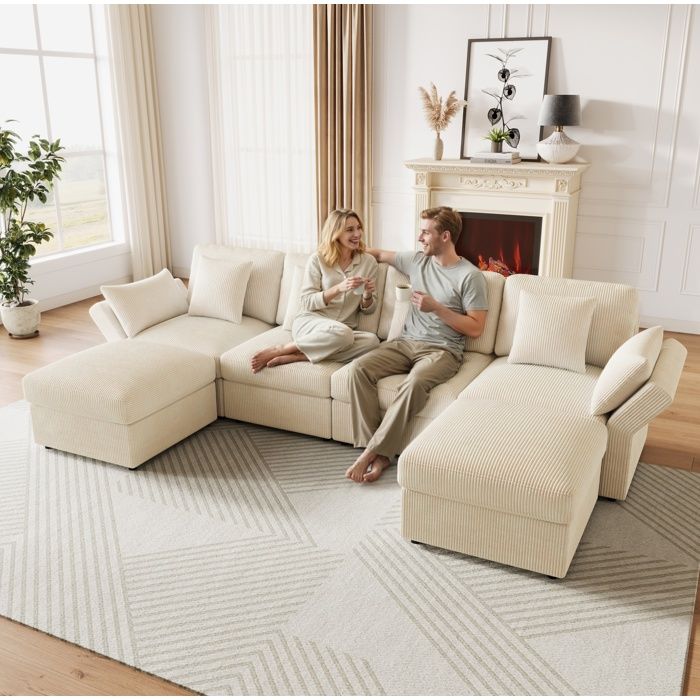 Canapé d’angle modulable en U 290 x 159 5 cm en velours côtelé beige avec 2 poufs mobiles et accoudoirs réglables