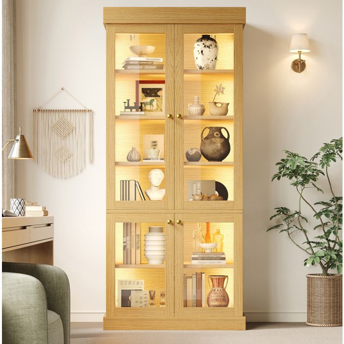 Vitrine avec 4 Portes Vitrées et LED - TCQPZ - Anti-Basculement Étagères Réglables - MDF et Verre - Marron Naturel