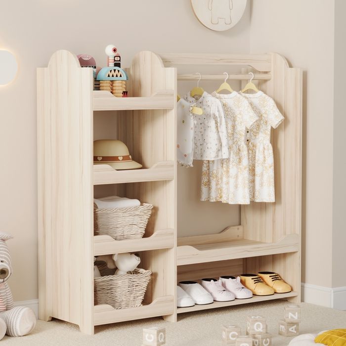 Armoire Enfant avec 1 Tringle de Penderie et 4 Étagères Ouvertes - YEAVIO - Rangement pour Chambre Bois Naturel