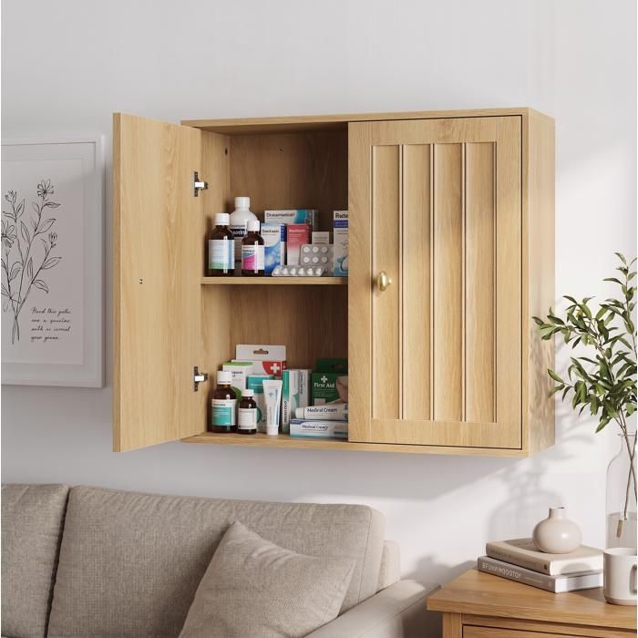 Armoire à pharmacie murale 2 portes gain de place - BEAUNIV - étagère intérieure en MDF aspect chêne 61 5 × 20 × 56 cm