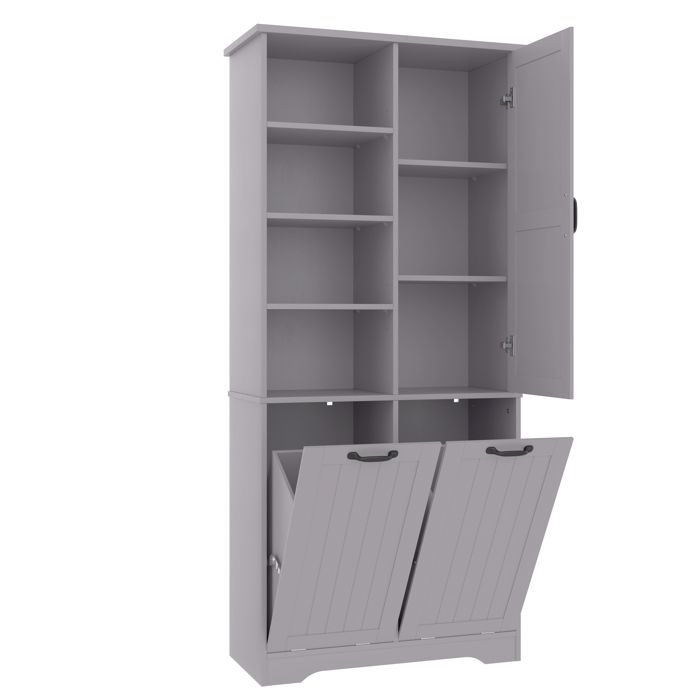 Colonne de salle de bain gris Armoire haute avec 2 panier à linge basculant et étagères armoire haute 78x35x172cm