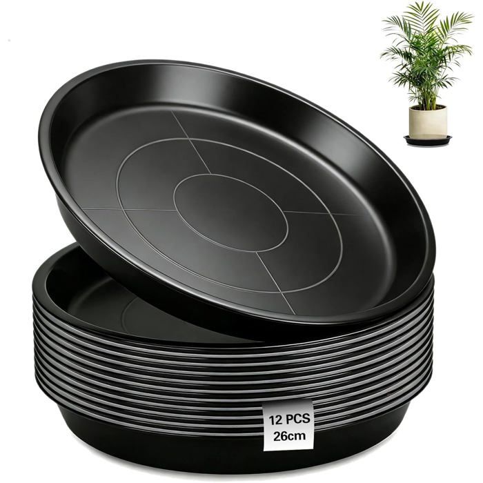 Lot de 12 soucoupes pot de fleur 26 cm - plastique PP noir antidérapant intérieur extérieur - récupérateur deau