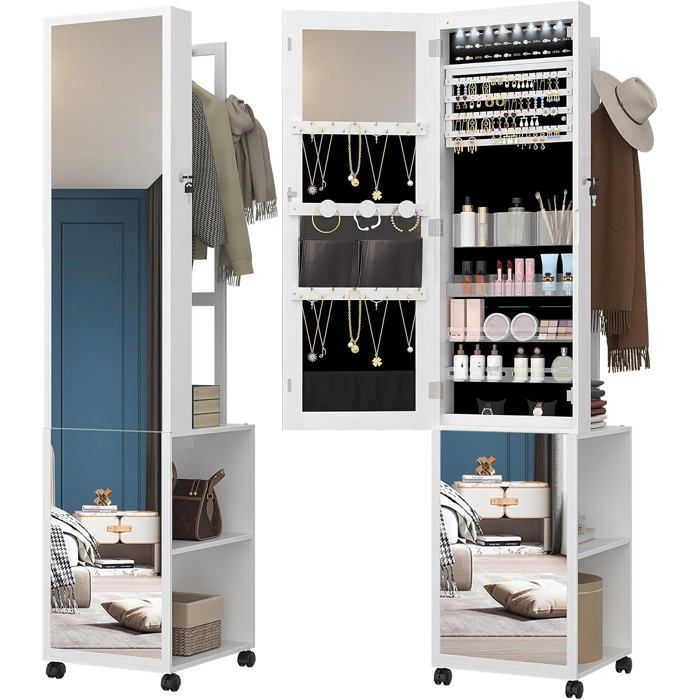 Armoire à bijoux sur pied - miroir pleine longueur 8 LEDs porte-vêtements 4 roues organisateur blanc et noir verrouillable