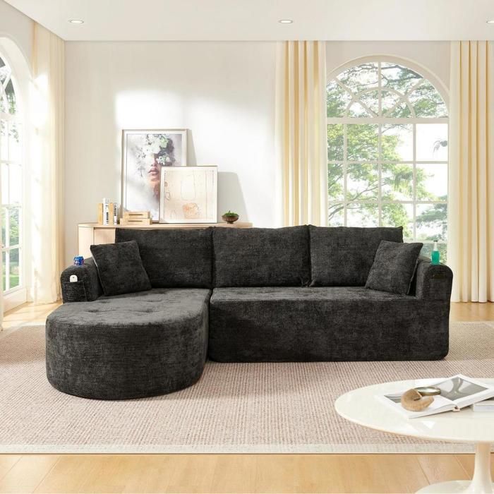 Canapé dangle - KOMHTOM - L modulable - Noir - Porte-gobelet inox - Poches latérales