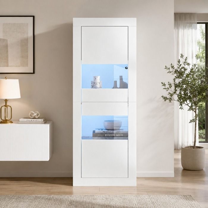 Vitrine avec porte et LED - armoire de rangement - pour salon - bureau ou cuisine - 61x42x162cm - Blanc